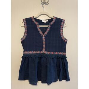 THML Size XS Navy Blue Embroidered Peplum Top 100% Cotton Semi-Sheer Sleeveless